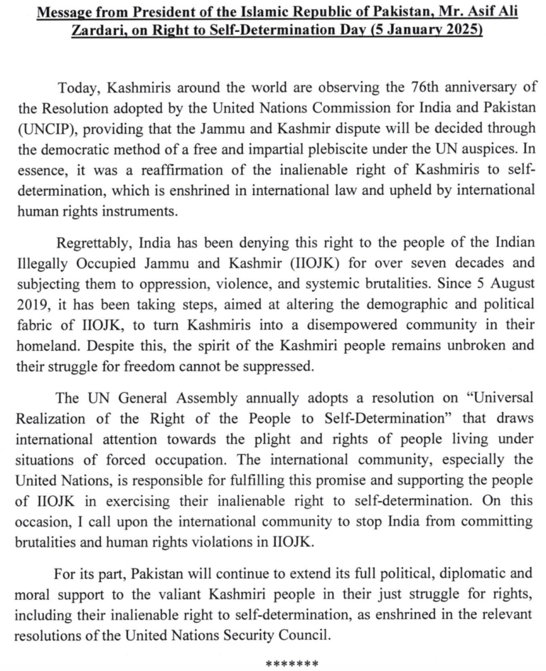 Message from President of the Islamic Republic of Pakistan. Mr. Asif Ali Zardari. on Right to Self-Determination Day (5 January 2025)